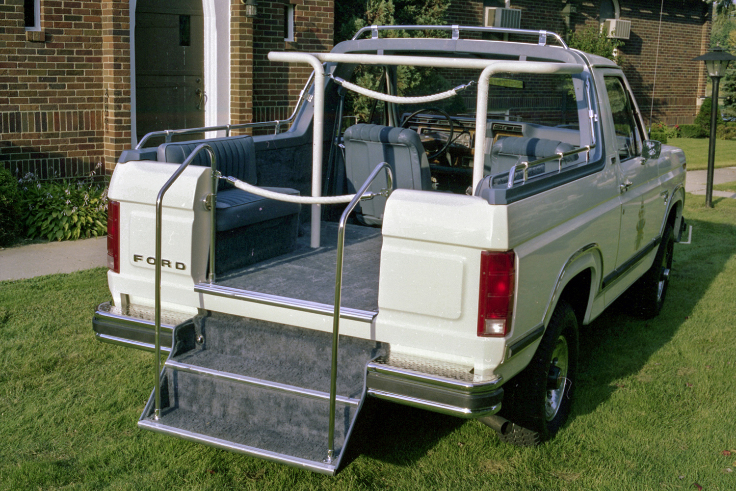 The truck bed with steps in the back of the 1980 Ford Bronco that Ford modified for Pope John Paul II's 1979 visit to New York