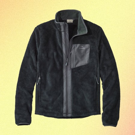 The L.L. Bean Men's Adventure Hybrid Fleece Full-Zip Jacket in black and grey. It's currently on sale for 52% off.