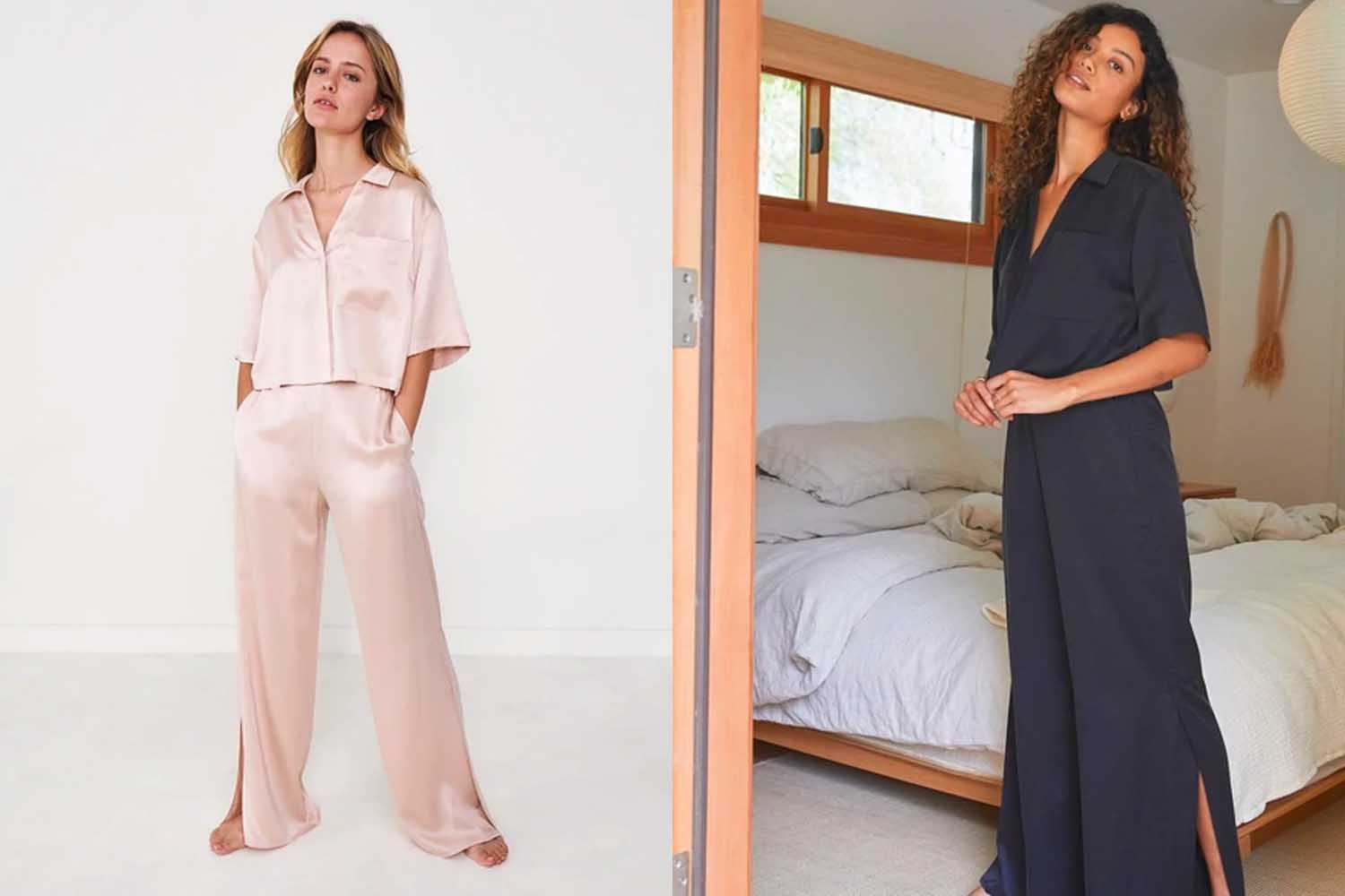 One model wearing a pink silk PJ set and another model wearing a black silk PJ set from Lunya, a perfect Valentine’s Day gift for 2022.
