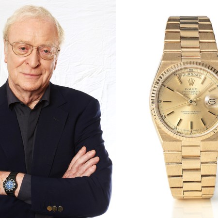 Actor Sir Michael Caine pictured next to his Rolex Oysterquartz watch that he is selling through London auction house Bonhams in March 2022