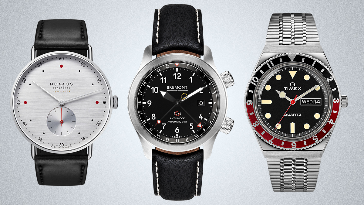A Nomos Glashütte Metro Neomatik, Bremont MBIII and Q Timex, three men's watches that are part of the January 2022 sale at Mr Porter