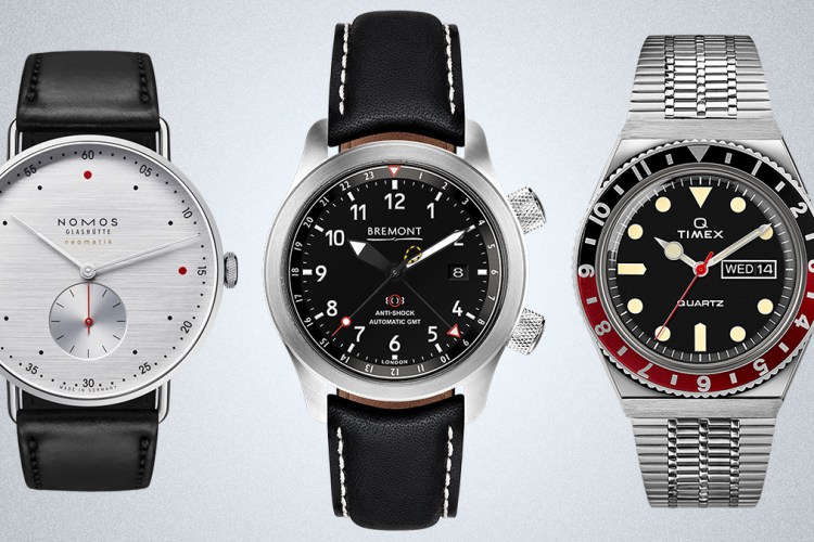 A Nomos Glashütte Metro Neomatik, Bremont MBIII and Q Timex, three men's watches that are part of the January 2022 sale at Mr Porter