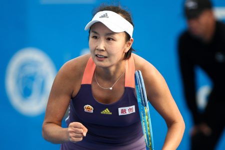 Peng Shuai of China celebrates a shot at the 2020 WTA Shenzhen Open. The Australian Open has removed a ban on Where Is Peng Shuai? T-shirts after backlash.