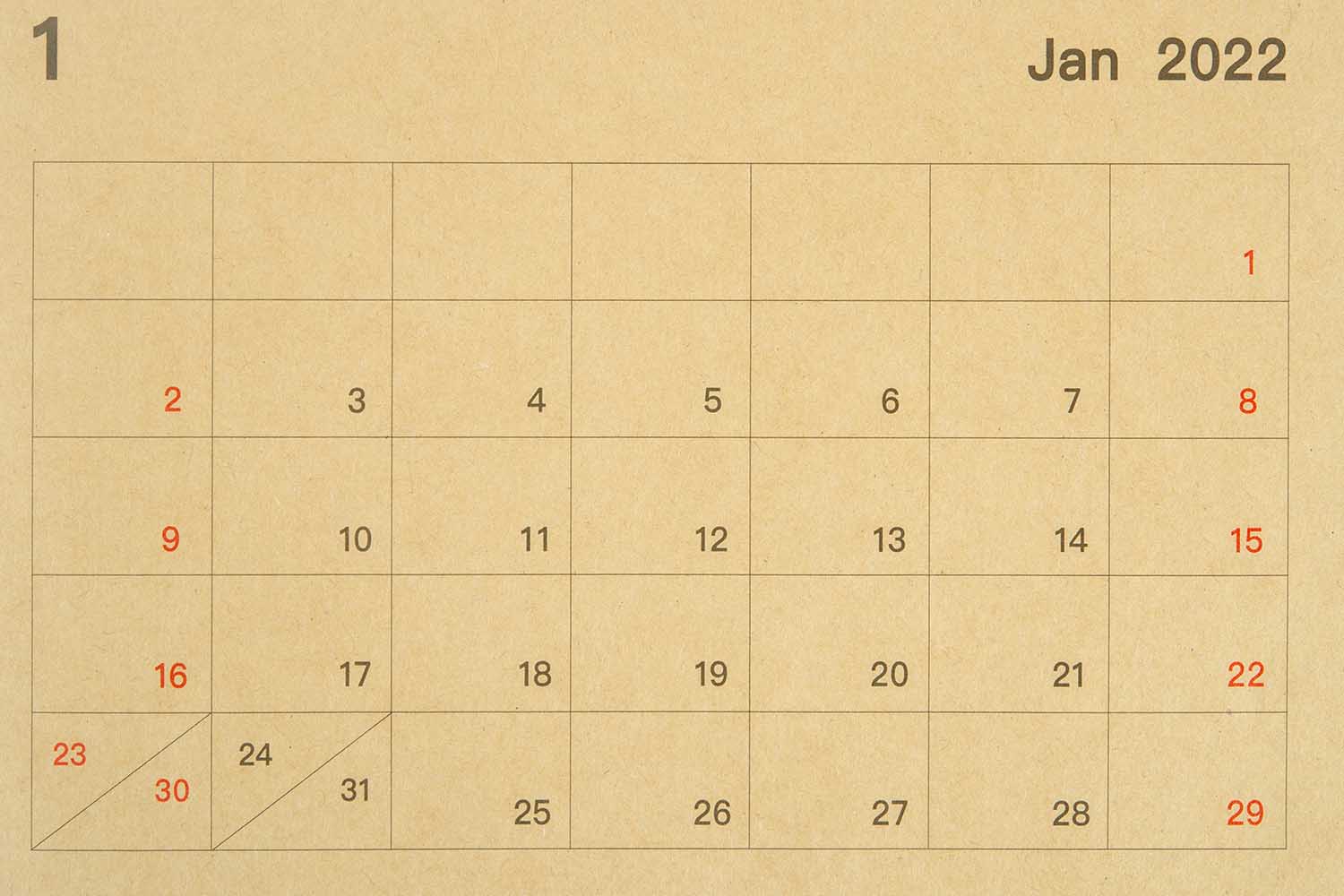 January 2022, close-up of the calendar desk in brown