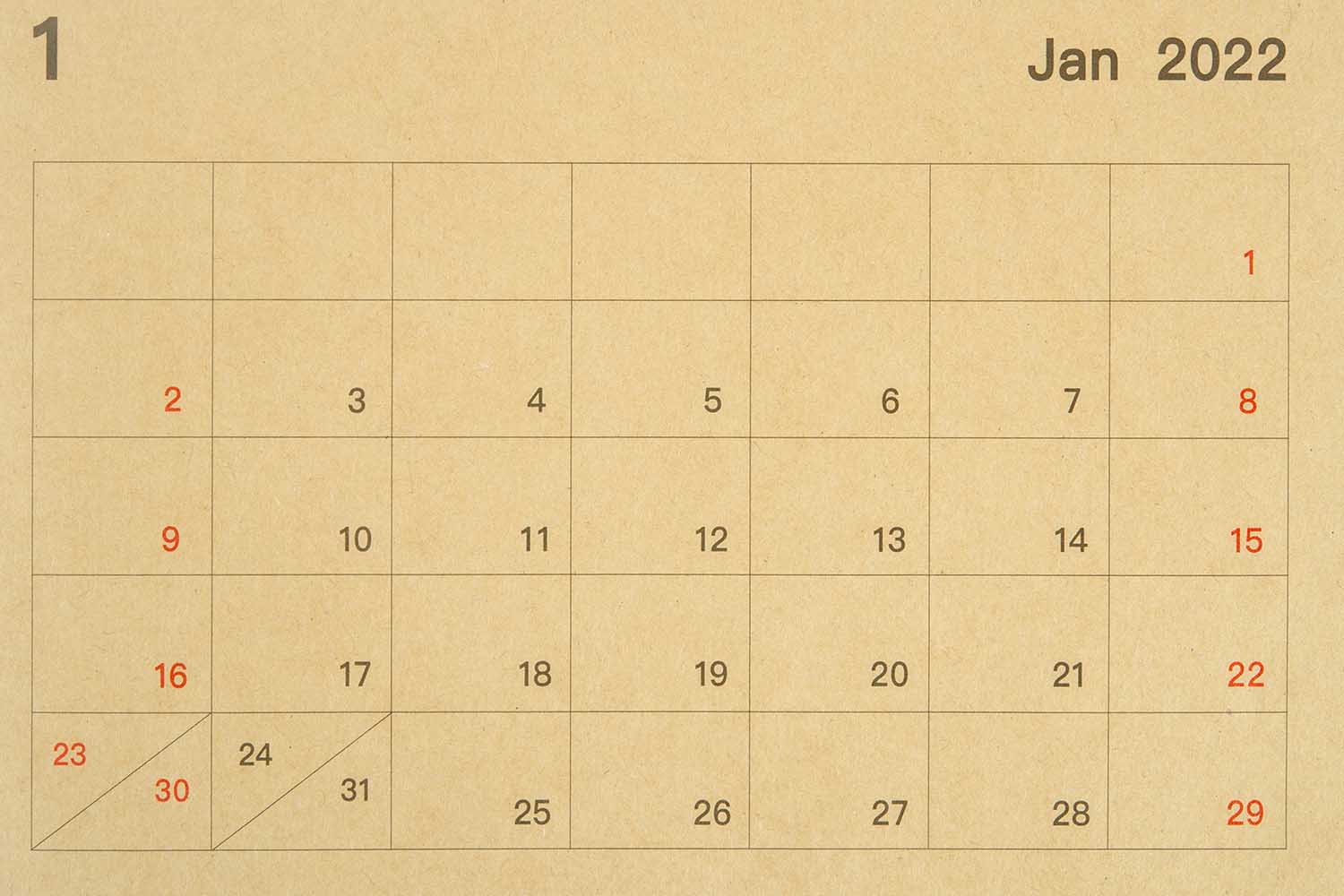 January 2022, close-up of the calendar desk in brown