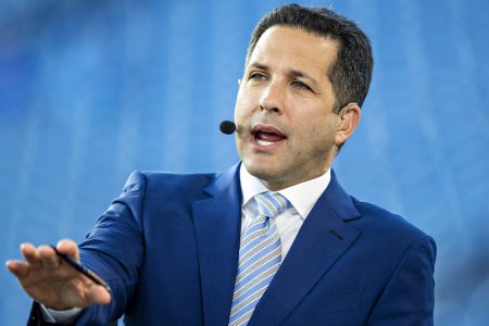 ESPN analyst Adam Schefter before a game between the Bills and Titans in Nashville. The New York Times is reportedly prepping an offer to bring him to The Athletic.