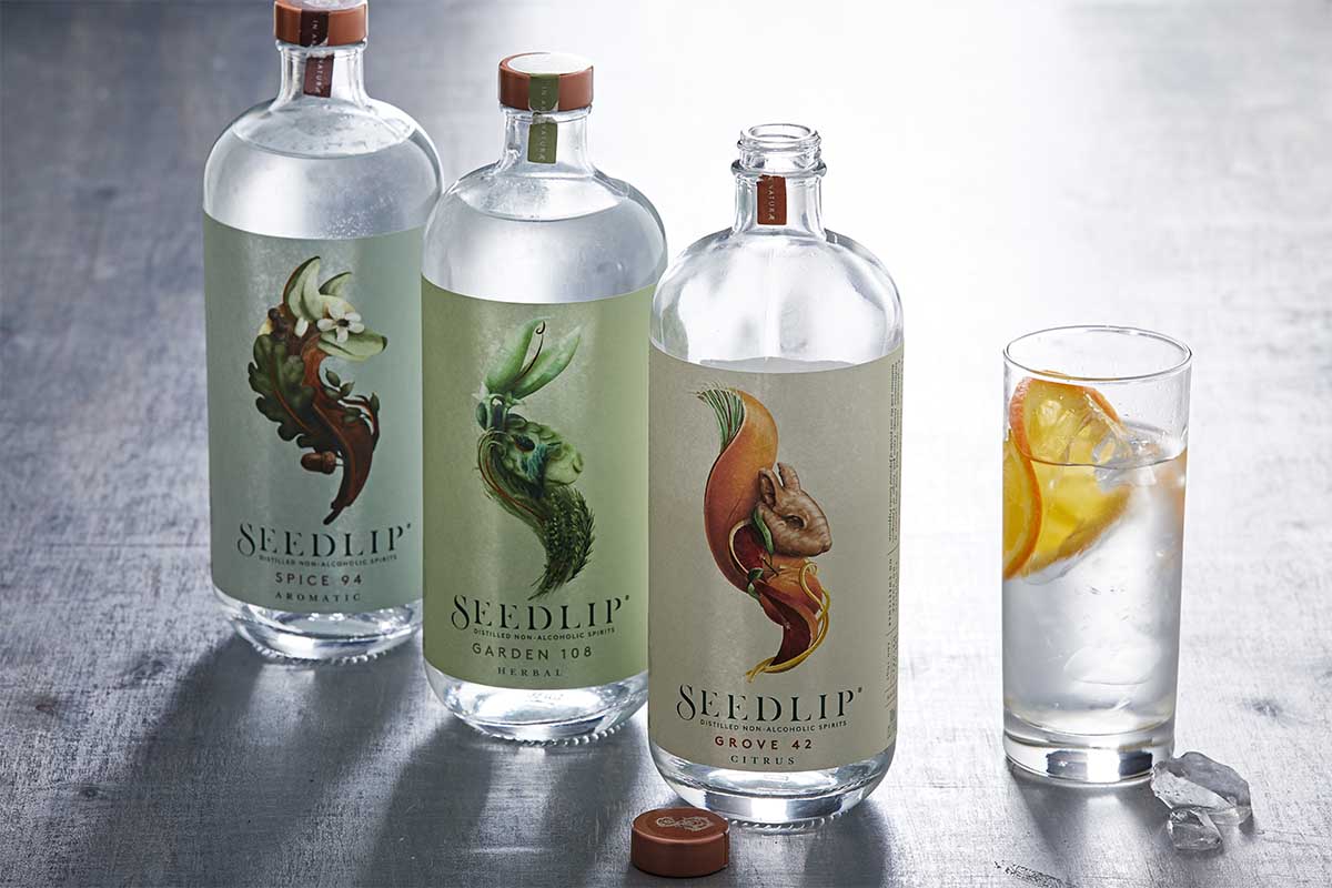 Bottles of Seedlip, a non-alcoholic "spirit" (which has seen major growth on drinks platforms like Drizly)