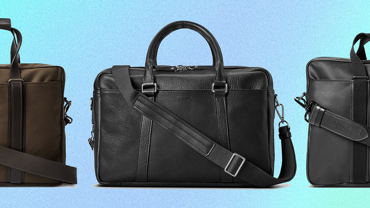 The Double-Zip Leather Briefcase and two Brakeman Coated Canvas and Leather Briefcases from Shinola that are on sale at Nordstrom Rack in January 2022