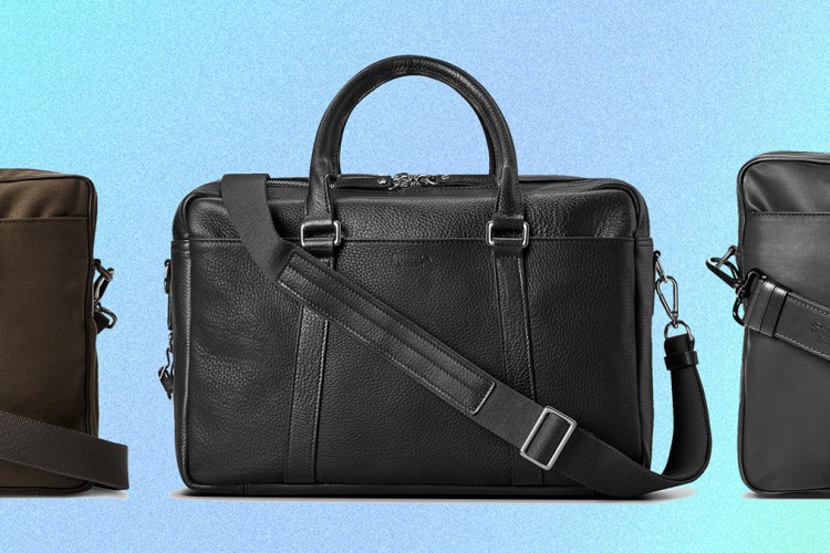 The Double-Zip Leather Briefcase and two Brakeman Coated Canvas and Leather Briefcases from Shinola that are on sale at Nordstrom Rack in January 2022