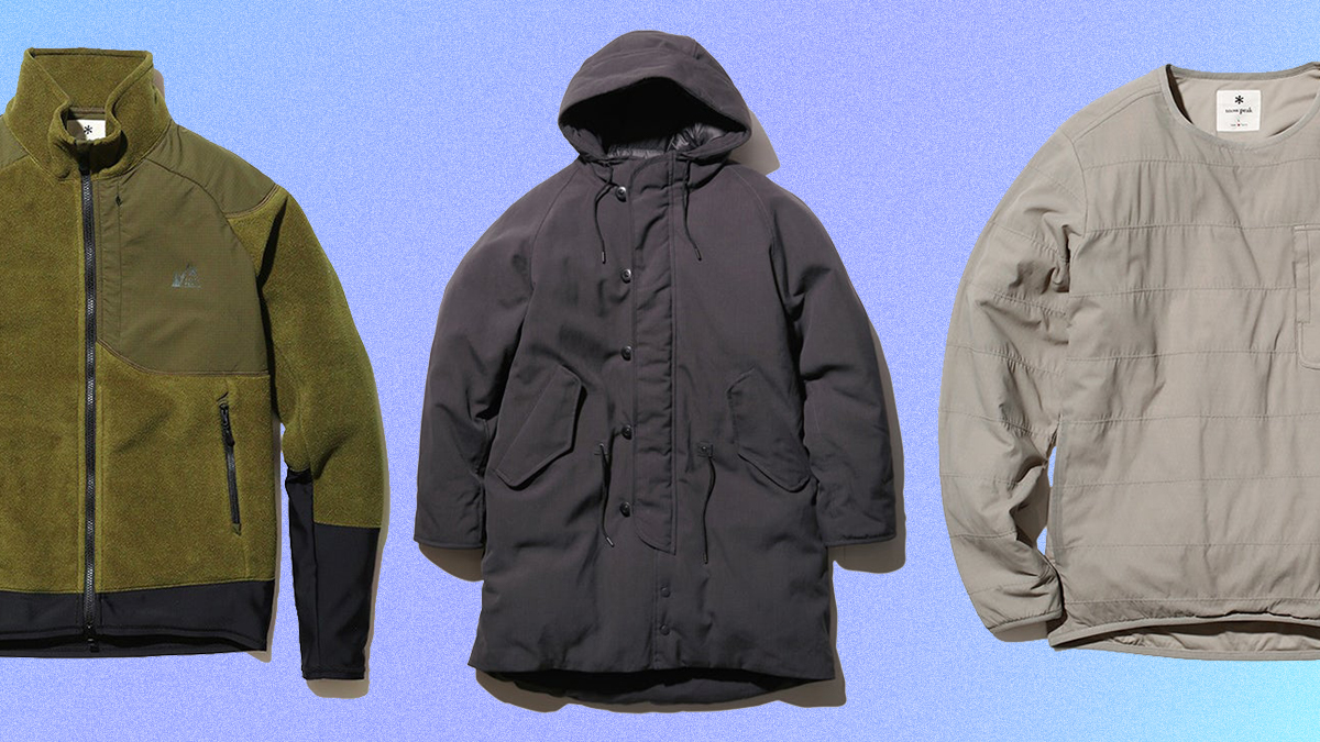 Snow Peak's Takibi down coat, fleece jacket collab with Mountains of Moods, and insulated pullover, all of which or on sale during the outdoor brand's January 2022 blowout