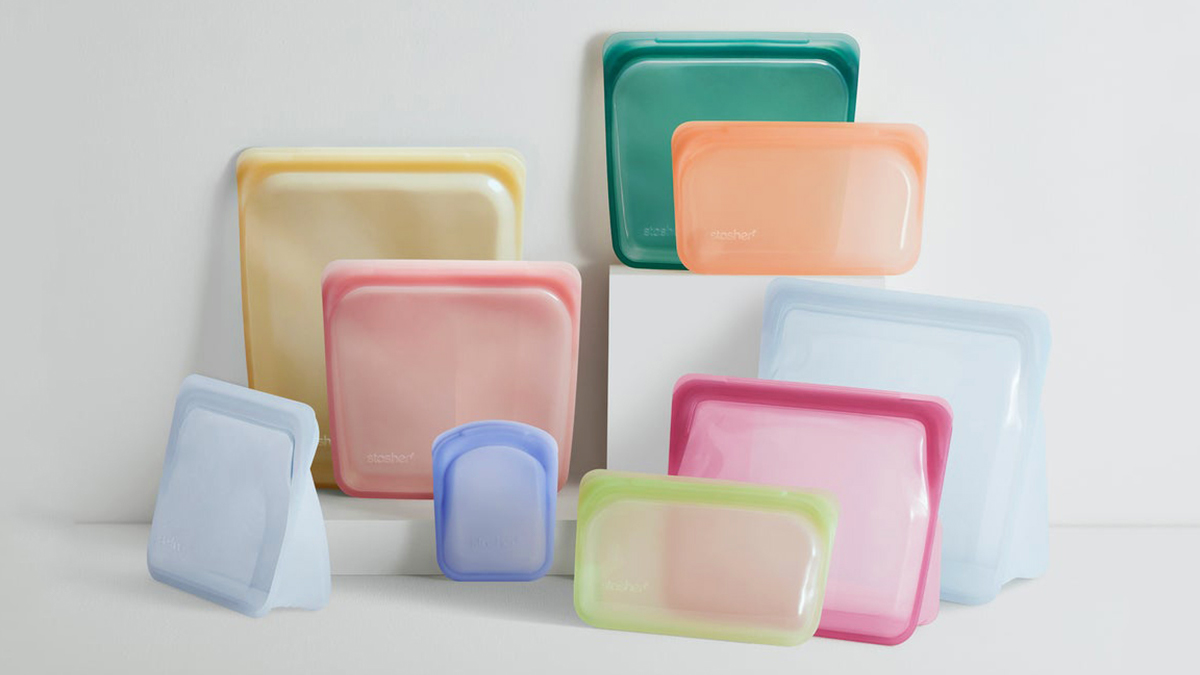 A collection of reusable Stasher platinum silicone bags in a variety of colors. Every kitchen should have this alternative to single-use plastic bags. Here's why.