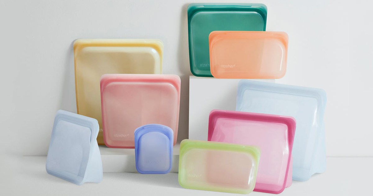 A collection of reusable Stasher platinum silicone bags in a variety of colors. Every kitchen should have this alternative to single-use plastic bags. Here's why.