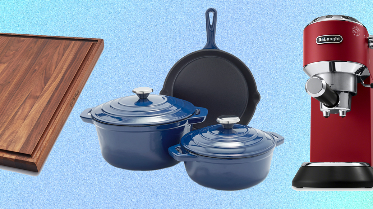 A cutting board, set of cast iron cookware and espresso machine, all of which are on sale at Sur La Table's Overstock Sale