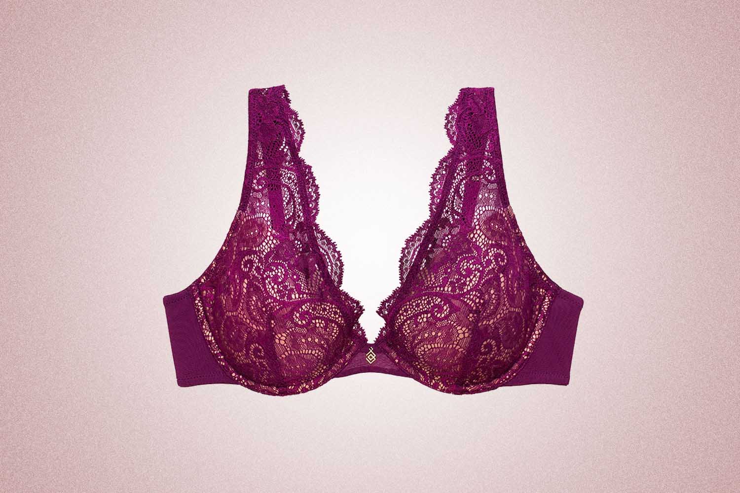 A purple lace plunge bra from ThirdLove, a perfect Valentine's Day gift, on a pink background. 