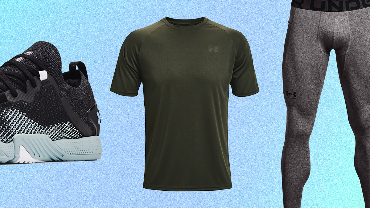 Weightlifting shoes, a Velocity short sleeve shirt and cold-weather running tights, all of which are on sale at Under Armour in January 2022 for their Semi-Annual Sale