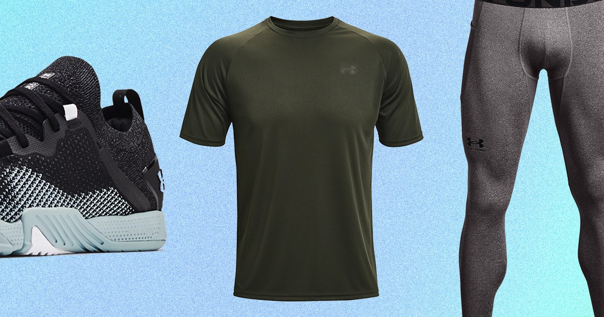 Weightlifting shoes, a Velocity short sleeve shirt and cold-weather running tights, all of which are on sale at Under Armour in January 2022 for their Semi-Annual Sale
