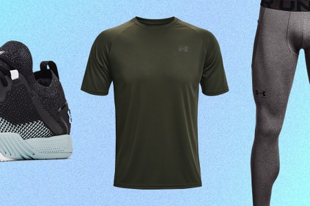 Weightlifting shoes, a Velocity short sleeve shirt and cold-weather running tights, all of which are on sale at Under Armour in January 2022 for their Semi-Annual Sale