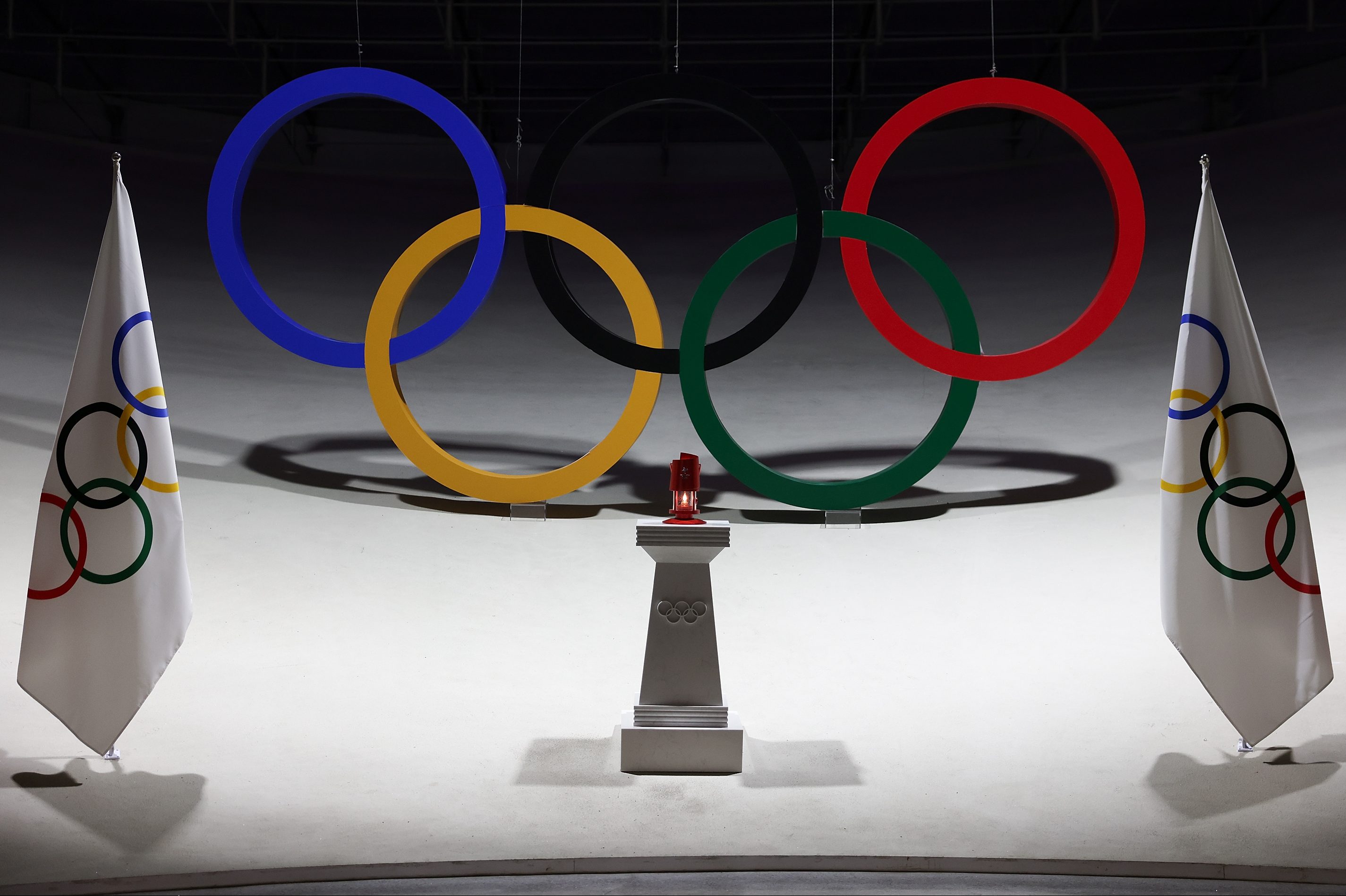 The Olympic flame is seen at Beijing Olympic Tower in China