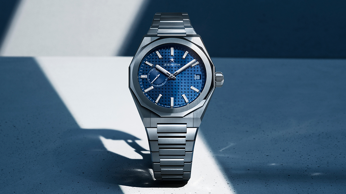 The new Zenith Defy Skyline three-hand sport watch in blue. It's supposedly the first Swiss watch to feature a tenth of a second sub-dial. The watch was unveiled during LVMH Watch Week 2022.