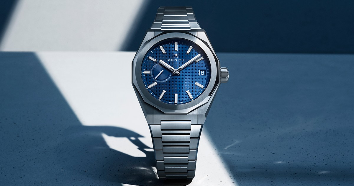 The new Zenith Defy Skyline three-hand sport watch in blue. It's supposedly the first Swiss watch to feature a tenth of a second sub-dial. The watch was unveiled during LVMH Watch Week 2022.