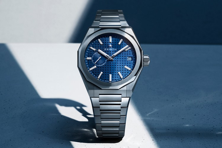 The new Zenith Defy Skyline three-hand sport watch in blue. It's supposedly the first Swiss watch to feature a tenth of a second sub-dial. The watch was unveiled during LVMH Watch Week 2022.