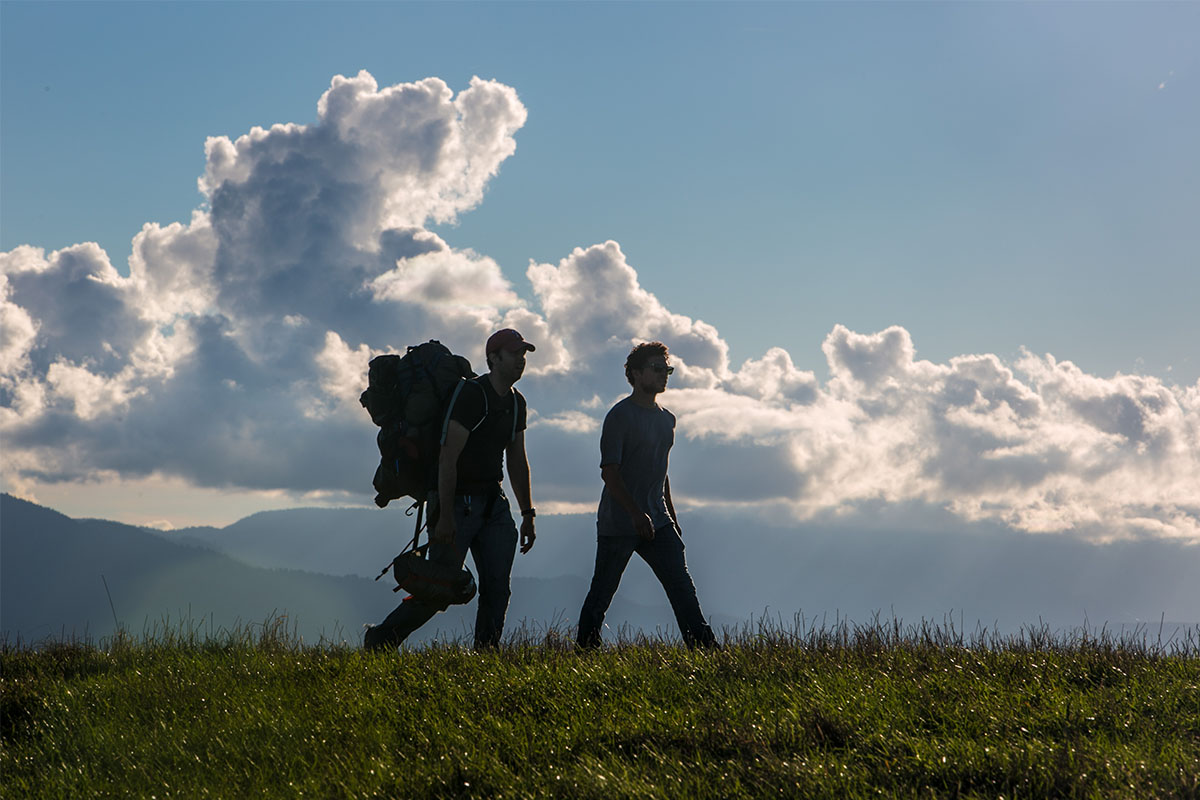 Two men walking along the Appalachian trail in North Carolina.