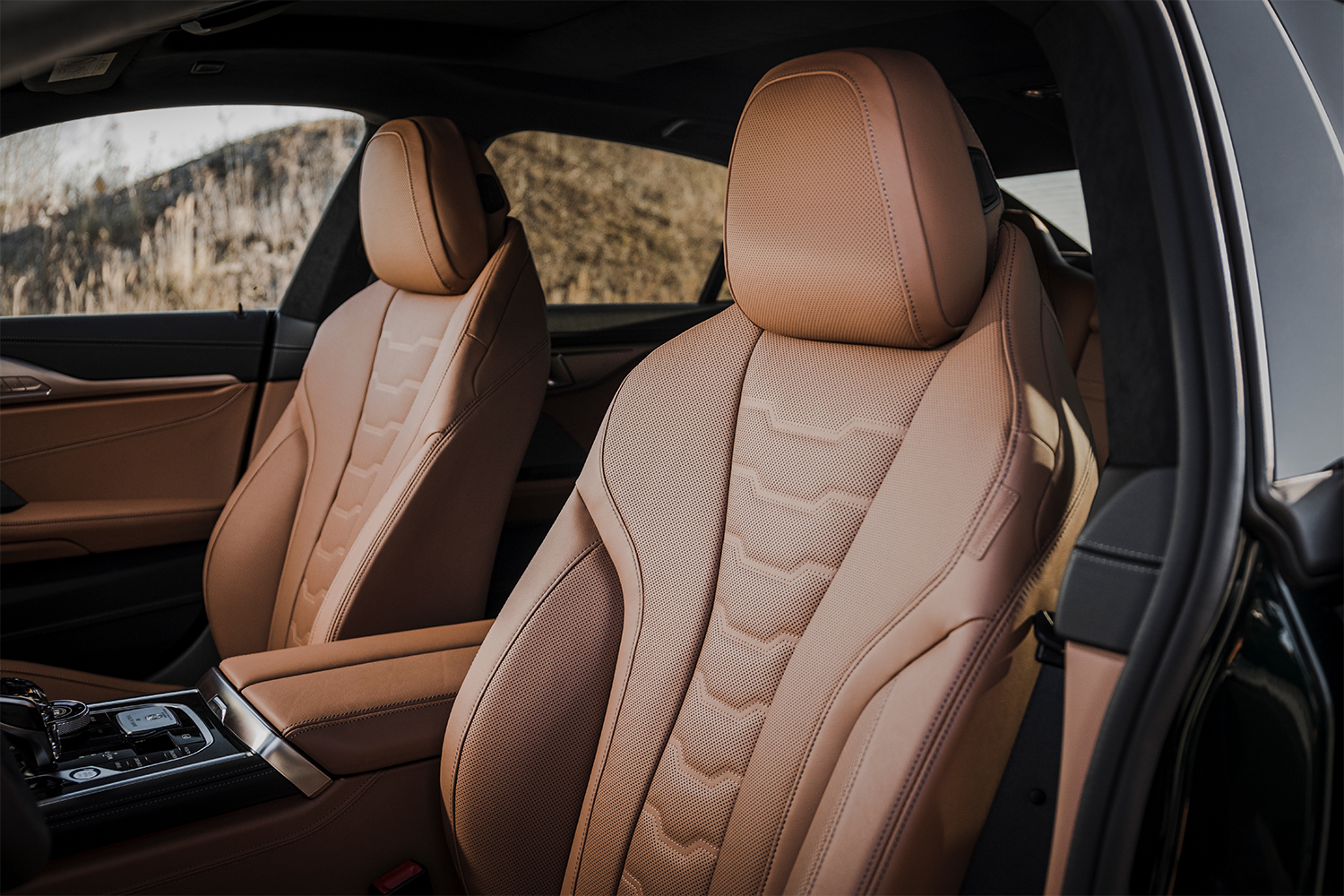 The leather front seats in the 2022 BMW Alpina B8 Gran Coupe