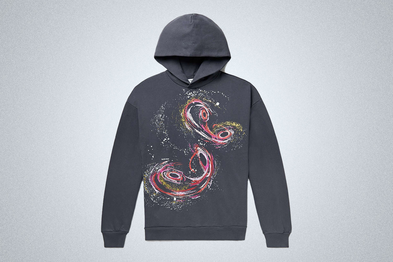 a grey hoodie with a swirl pink graphic
