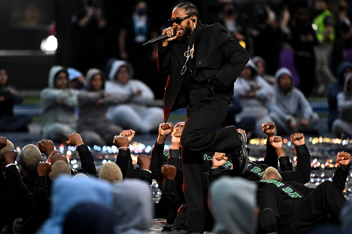 Kendrick Lamar performs during halftime in Super Bowl LVI at SoFi Stadium on Feb. 13, 2022.