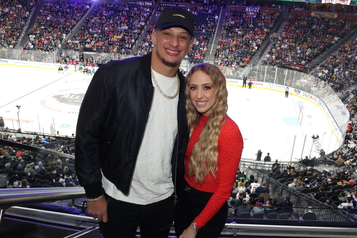 Patrick Mahomes and Brittany Matthews attend the 2022 NHL All-Star Skills competition