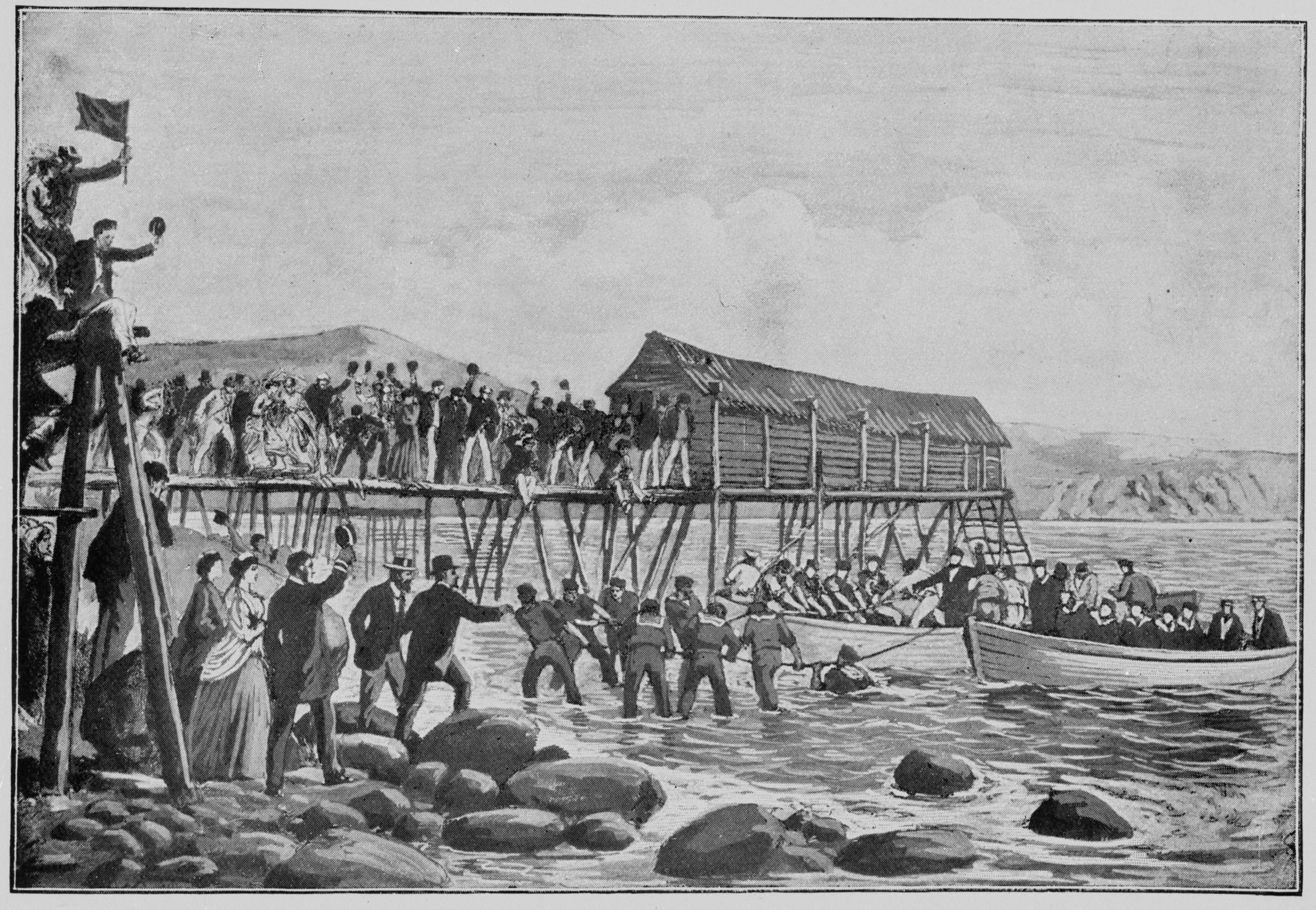 An illustration depicts the landing of the end of the first transatlantic telegraph cable in 1858