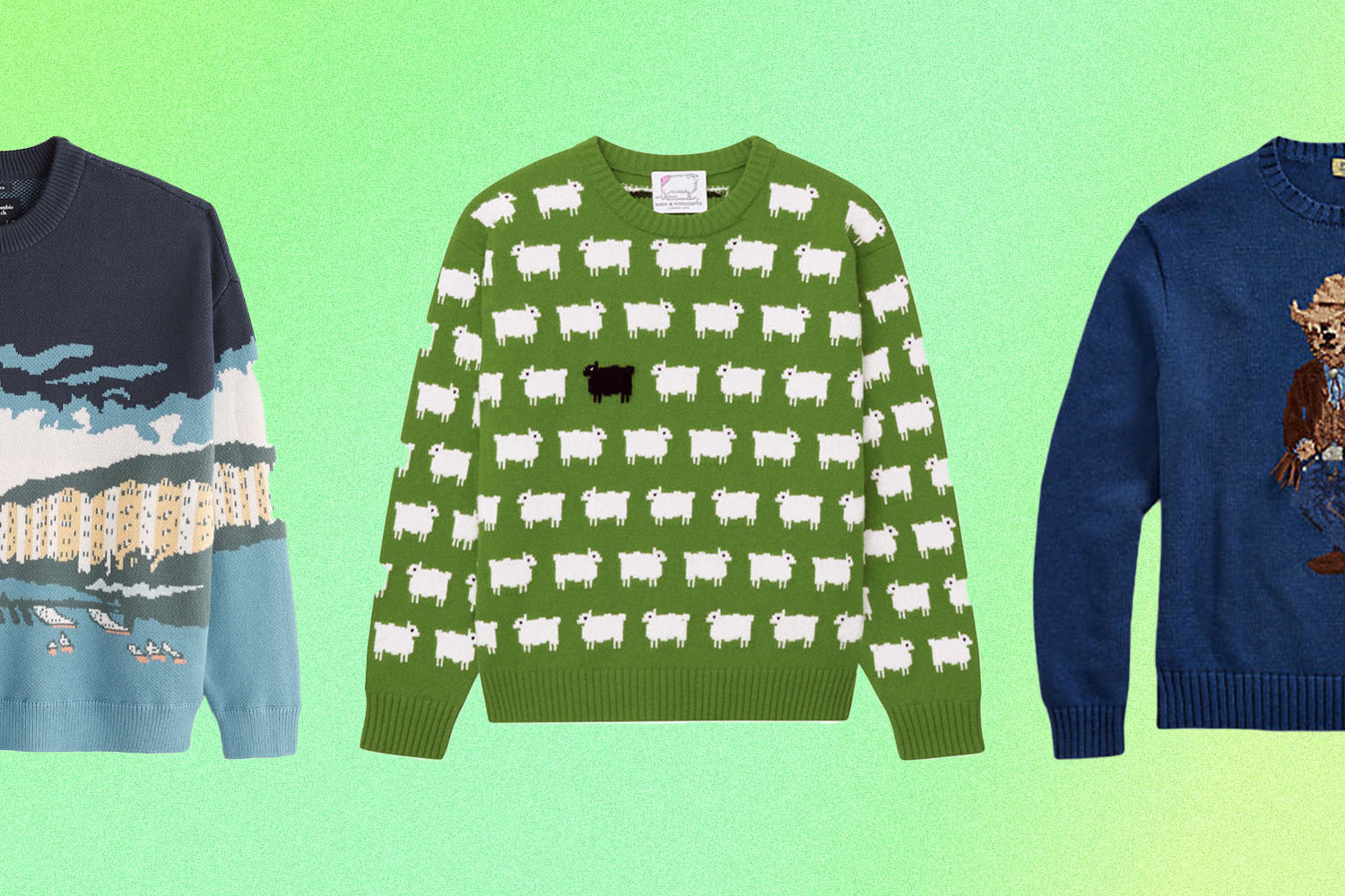 a collage of graphic sweaters