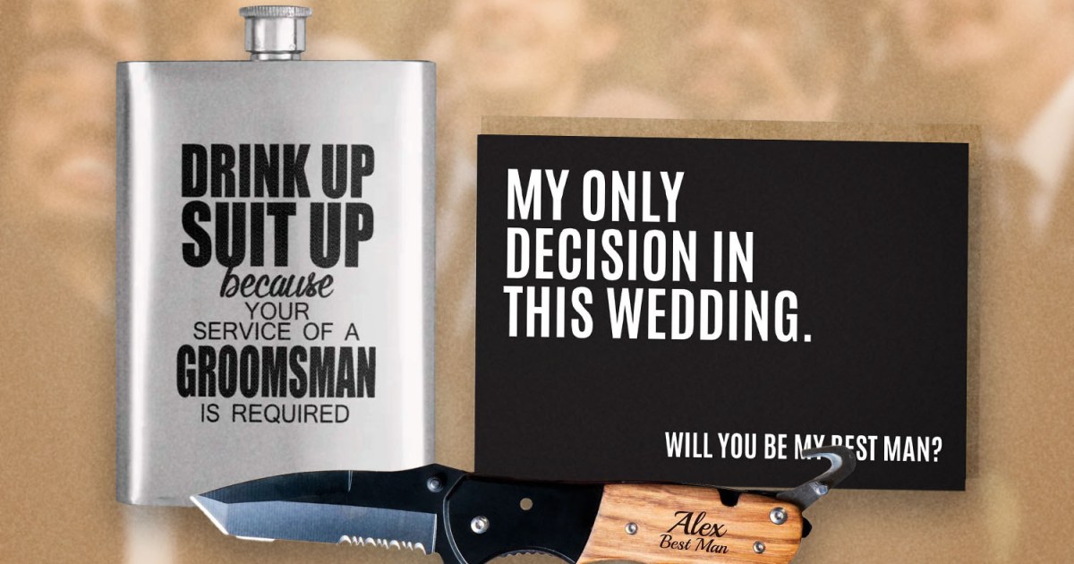 A flask, groomsmen proposal card and pocket knife in front of a line of groomsmen.