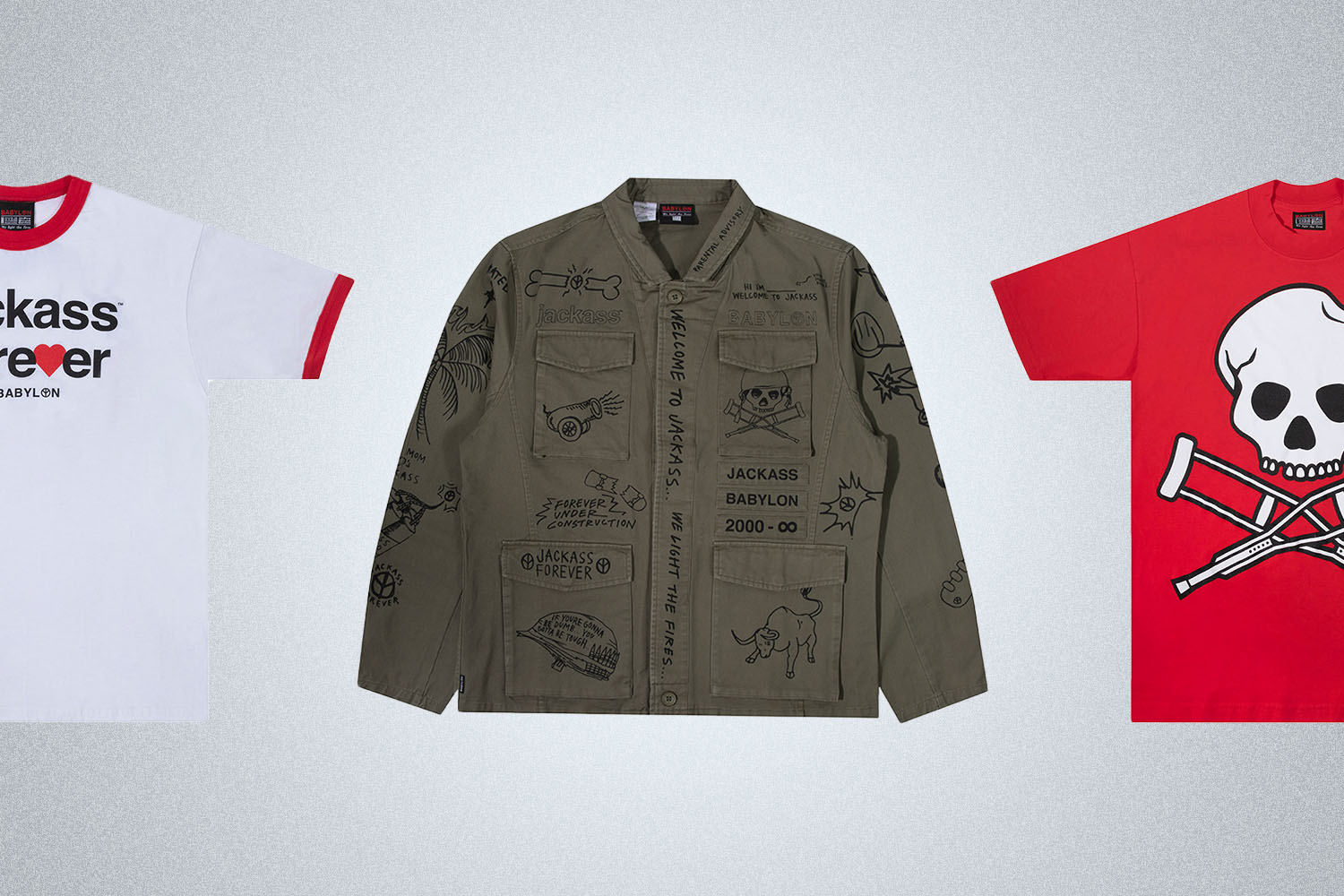 two tees and a green jackass jacket