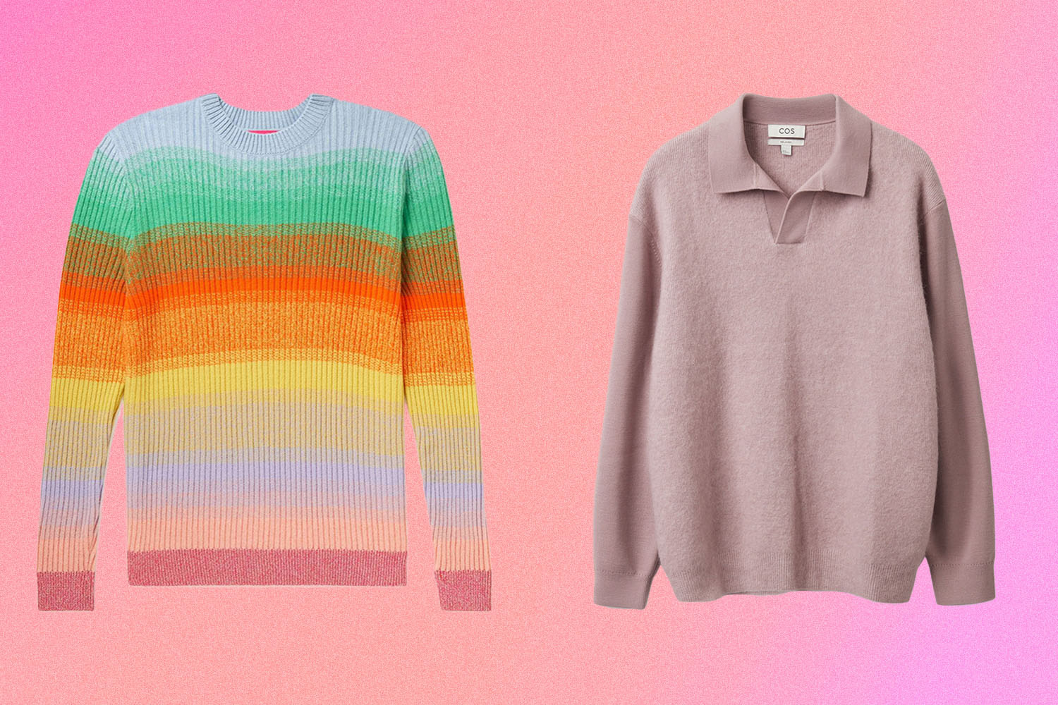 two sweaters on a pink background