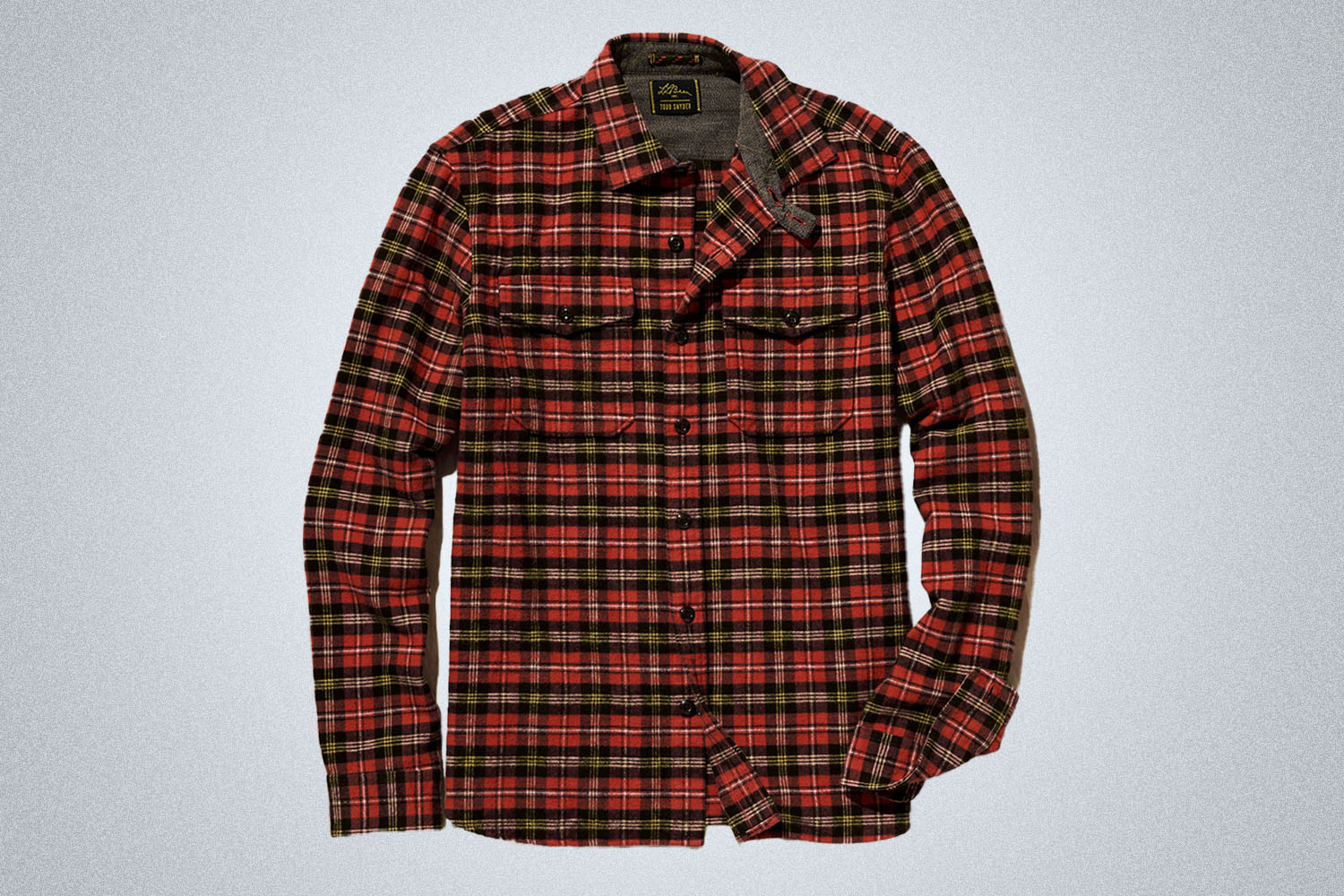 a plaid L.L. Bean Todd Snyder chamois shirt in red plaid