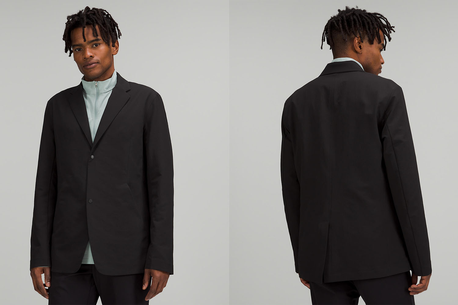 a double shot of the from and back of a model in a blue blazer