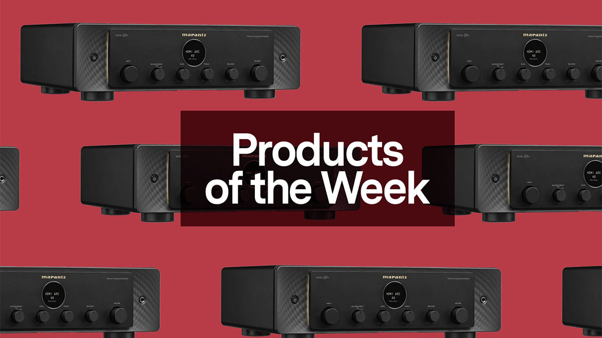 a collage of amplifiers on a red background