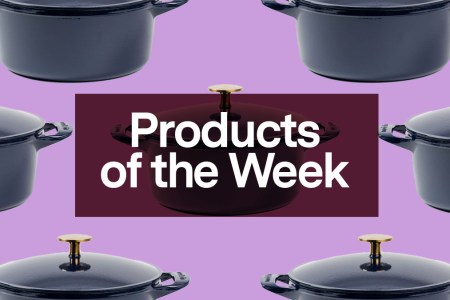 a made-in dutch oven over a lilac background