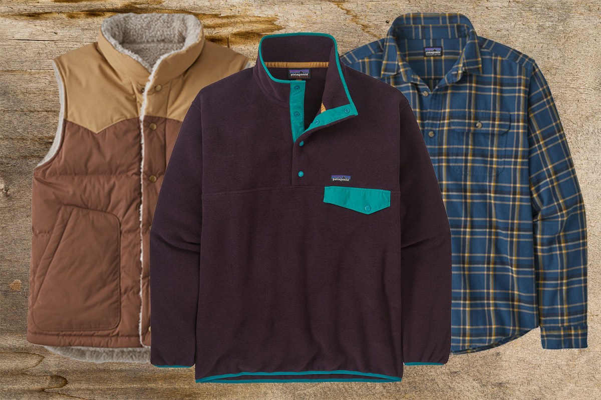 a collage of patagonia gear on a brown background