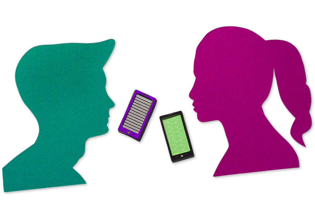 Two phones in between a green silhouette of a man's head and a purple silhouette of a woman's head on a transparent background