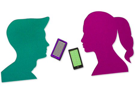 Two phones in between a green silhouette of a man's head and a purple silhouette of a woman's head on a transparent background