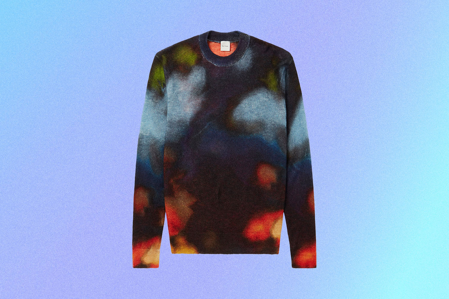 a black with "ink spill" sloshes sweater on a multi-colored blue-purple background