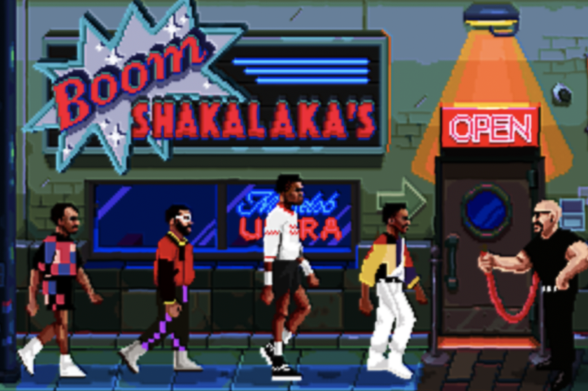 Video-game versions of Dominique Wilkins, Dikembe Mutombo, James Worthy and Clyde Drexler head to the Boom Shaka Laka’s pop-up bar.