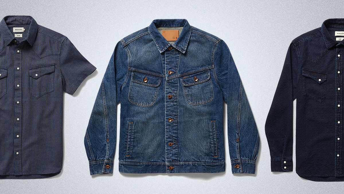 A men's short-sleeve Western shirt, denim jacket and long-sleeve Western shirt, all from the new Indigo Collection by Huckberry and Taylor Stitch