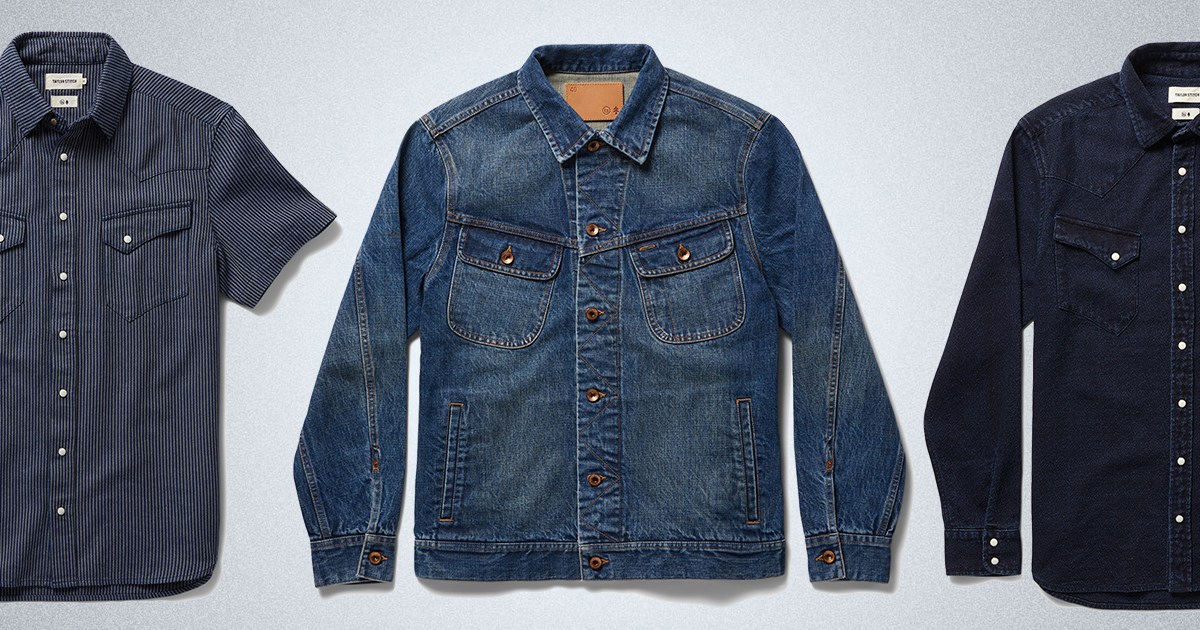 A men's short-sleeve Western shirt, denim jacket and long-sleeve Western shirt, all from the new Indigo Collection by Huckberry and Taylor Stitch