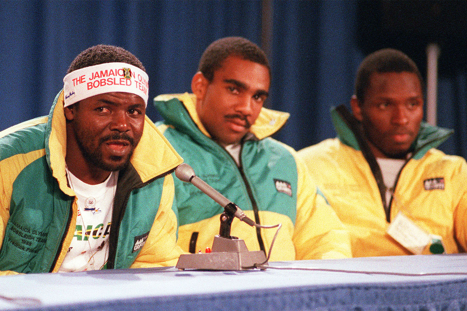 Three members of the Jamaican Bobsled team at a press conference, 1988