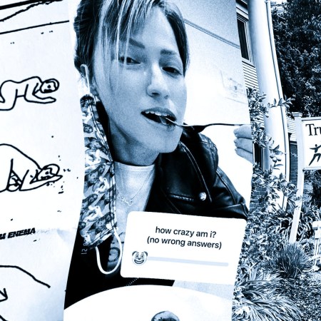 a composite, edited image of a woman eating