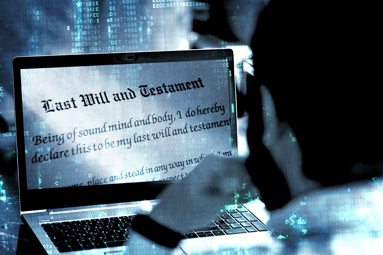 a man using a laptop with a last will and testament on-screen. E-wills are a growing trend in estate planning.