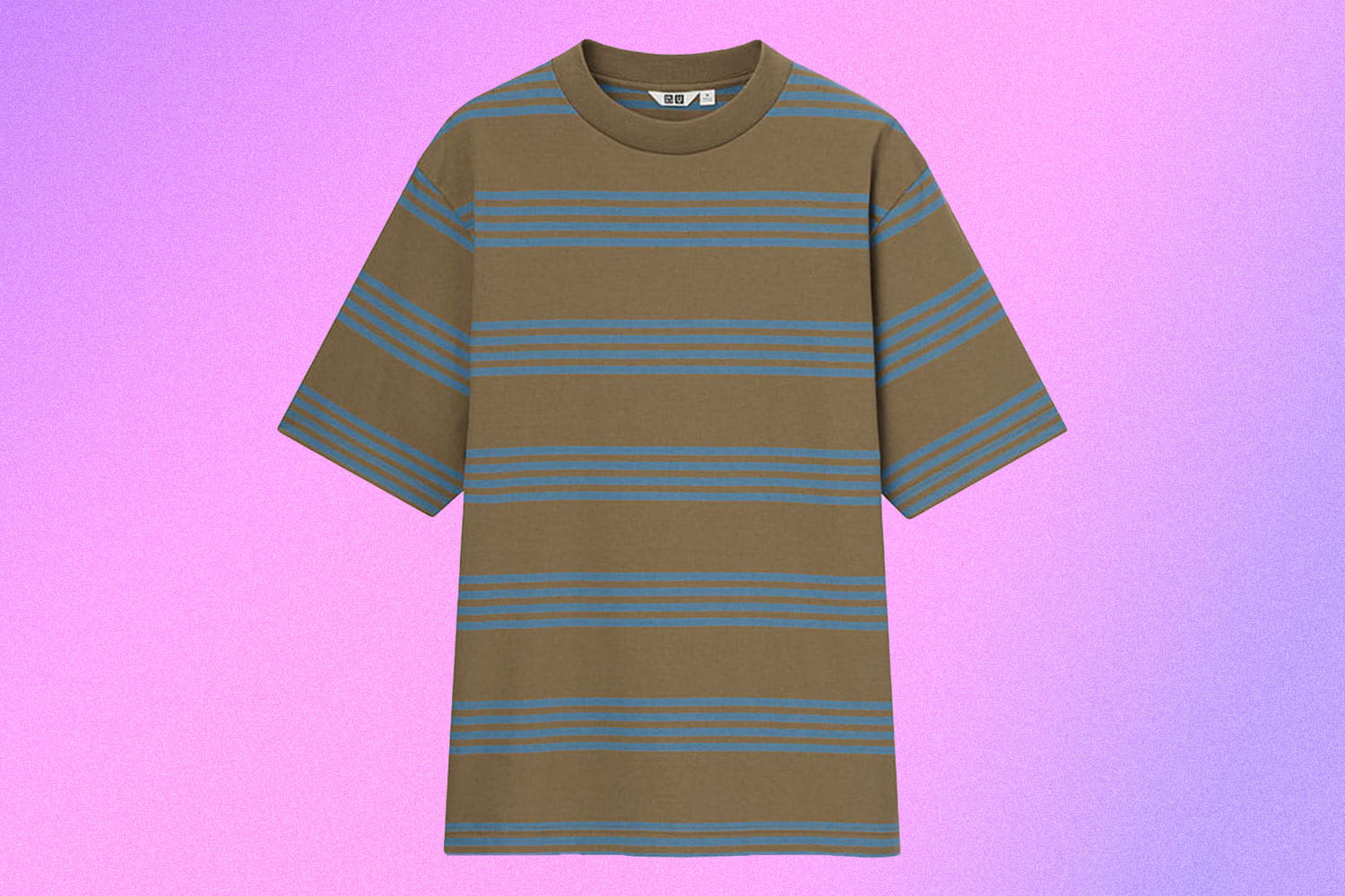 a striped brown and blue tee on a purple background